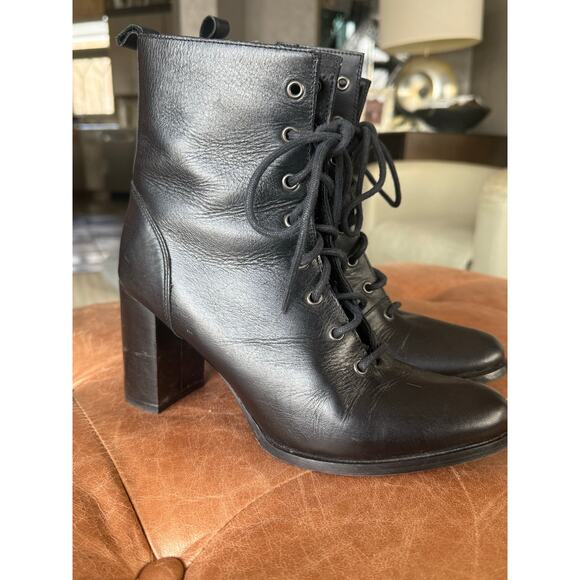 Fabianelli Black Leather Lace-Up Block Heel Ankle Boots Sz. 40